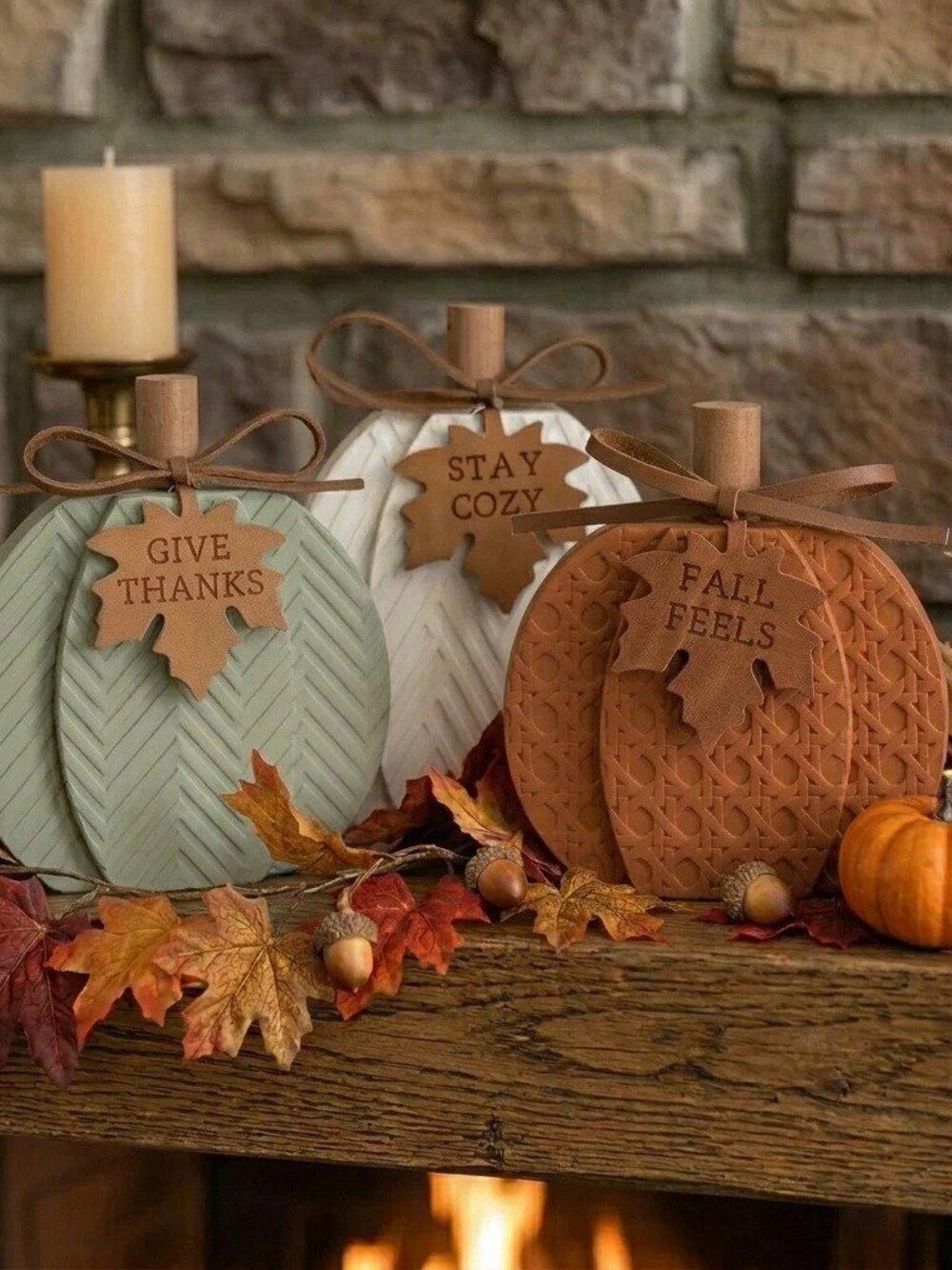 Textured Wood Pumpkin Fall Decor | Choose Stay Cozy White or Fall Feels Brown 6"